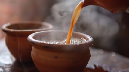 Close-up of steaming hot masala chai being poured into a traditional clay cup, creating a cozy atmosphere. - obrazy, fototapety, plakaty