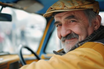 Smiling taxi driver posing with car