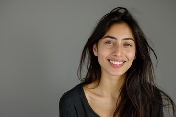 Obraz premium Smiling woman against grey background Closeup