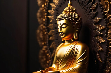 Fototapeta premium Portrait of a golden buddha on a dark background with copy space. Generative AI