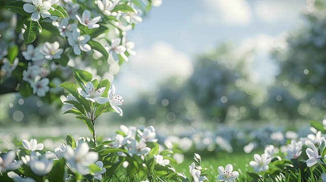 A serene scene captures a lone apple blossom in sharp focus amidst a soft backdrop of other trees in a 3D rendered orchard.
