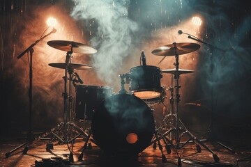 Smoke adds vintage touch to high quality drum set on dark stage background