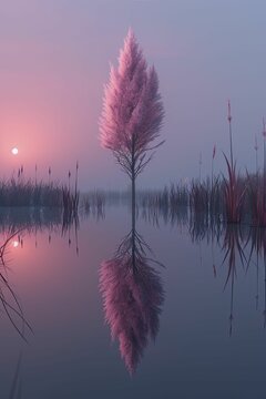 A serene scene unfolds as a lone cattail stands tall, casting a perfect reflection in the calm twilight waters of the minimalist wetlands.