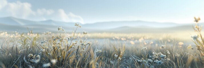 In the serene 3D landscape, delicate wildflowers sway gracefully, their shadows dancing in the gentle morning glow. - obrazy, fototapety, plakaty