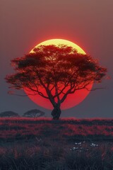 Bold minimalist 3D rendered savannah with a solitary acacia tree against an oversized, vibrant orange sun backdrop.