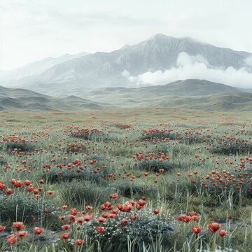 An elegant representation of simplicity in a 3D scene with a meager meadow, delicate poppies, and a far-off, hazy mountain range.