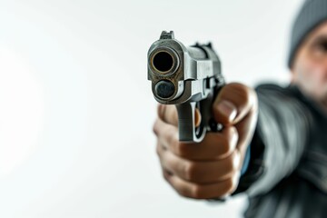 Soft focus image of a man with a gun in hand against a white backdrop