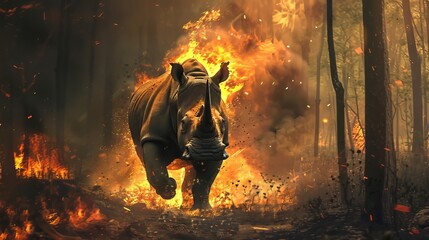 rhino running from fire forest - obrazy, fototapety, plakaty