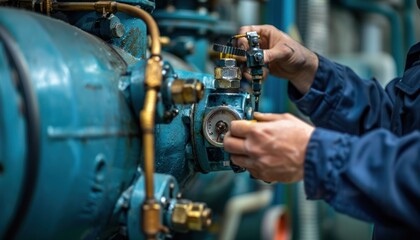 An engineer is working on an electric blue machine in a factory