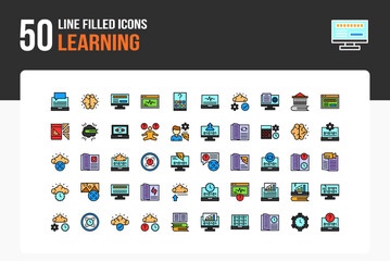 Set of 50 Learning icons related to Swift Learn, Mind Glow, Byte Quest, Ace Spark Line Filled Icon collection