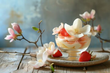 Stewed magnolia dessert in a glass cup with strawberry and banana on a wooden background