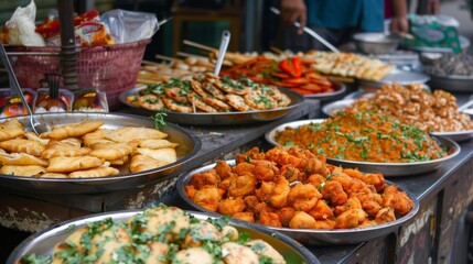 Obraz premium Colorful assortment of street food delights, from crispy pakoras to mouthwatering dosas, tempting passersby.