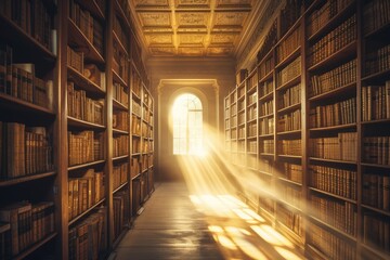 Majestic rays of sunlight beam through a stained glass window, illuminating the dusty shelves of ancient books in a historic library. Resplendent.