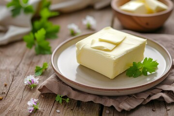 Stock photo of butter on plate and table