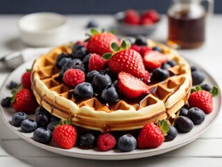Whole wheat Belgium waffle topped with boysenberry syrup, whipped cream, walnuts, and freshly chopped strawberries horizontal shot