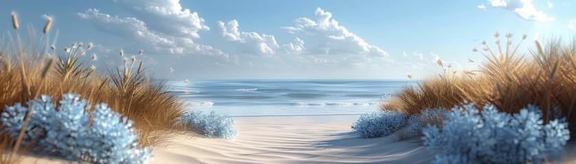 Clean 3D rendered shoreline with a single sea holly, vibrant blue against the sandy beach. - obrazy, fototapety, plakaty