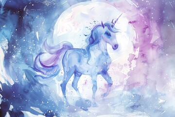 Illustrate a unicorn in watercolor with a fish-eye lens effect, creating an enchanting and dreamy atmosphere - obrazy, fototapety, plakaty
