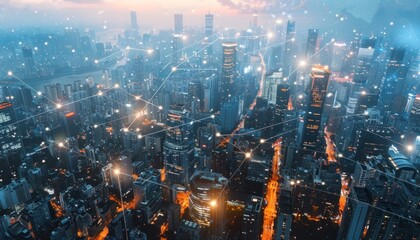 an aerial view of a city at night with lots of buildings and lights