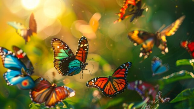 Colorful butterflies gathering in a sunlit meadow, their delicate wings creating a kaleidoscope of hues against the greenery.