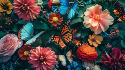 Fototapeta premium Colorful butterflies fluttering among vibrant flowers, showcasing the beauty of nature's delicate winged creatures.