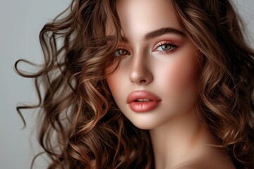 Fototapeta premium Studio photo of a stunning brunette with flawless makeup curls and an enchanting face