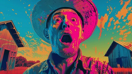 Illustrate the moment of shock and disbelief on a farmers face as they observe bitcoin prices skyrocketing, using digital glitch art techniques Infuse vibrant colors and distorted pixelations to conve