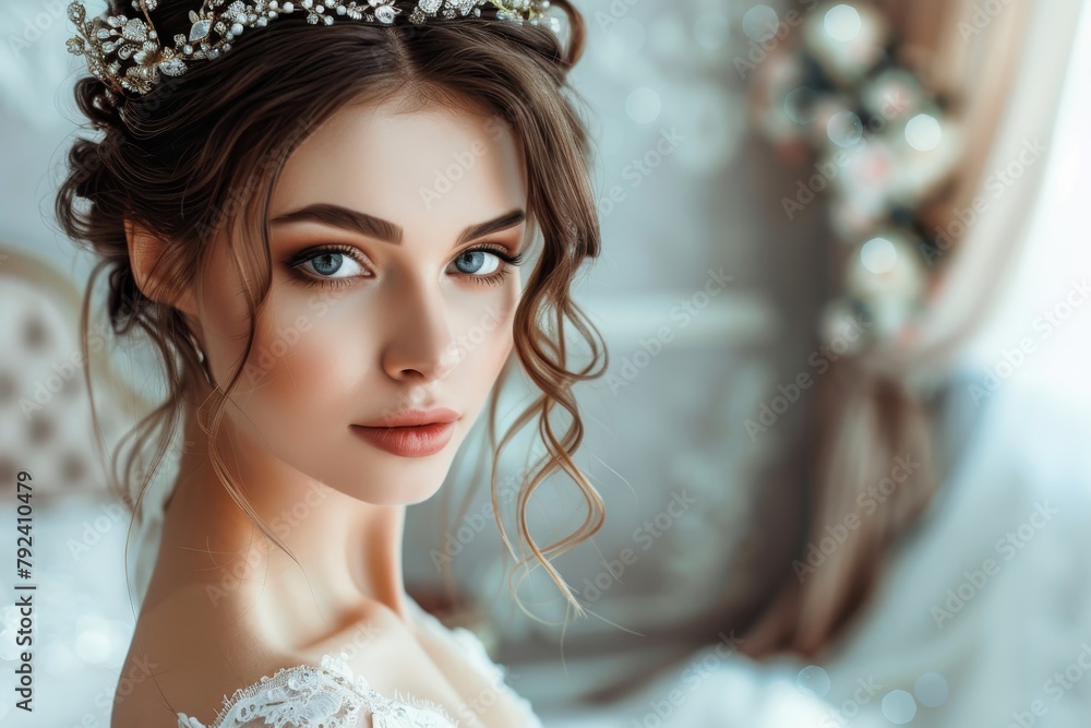 Wall mural stunning bride in an exquisite wedding gown and crown elegantly photographed in a morning wedding se - Wall murals