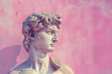 Greco-Roman plaster male head on a pink background. A combination of modern and classical art, gray and pink tones, a banner with an empty space for your design