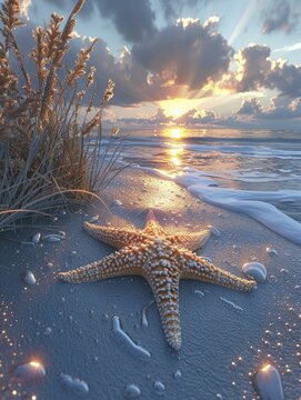 Elegant 3D rendered beach at dusk with a single starfish surrounded by gently waving sea oats.