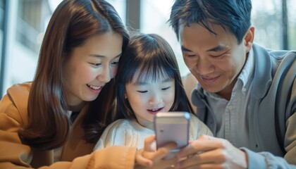 Family sharing a happy moment, smiling and looking at a cell phone together