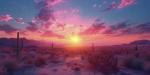 Zelfklevend Fotobehang Experience the essence of serenity in a digitally crafted desert landscape, where cacti dance under a vivid sunset sky. © Kanisorn