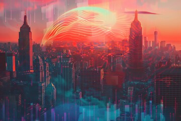 Produce a visually striking digital artwork combining pixel art and glitch art techniques to portray a city backdrop with holographic waves, Infuse the composition with a retro-futuristic vibe that me