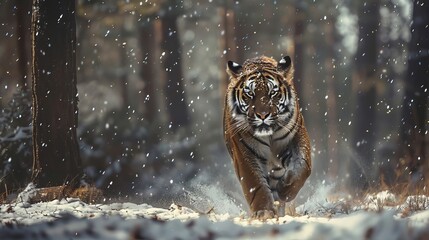 Tiger Running Snow Forest