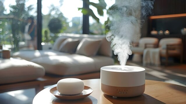 Enhance home air quality with modern humidifier diffuser for aromatherapy benefits. Concept Home Air Quality, Modern Humidifier, Diffuser, Aromatherapy Benefits