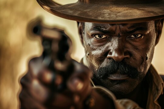 Stylish tough man with retro afro mustache and gun wearing a brown hat