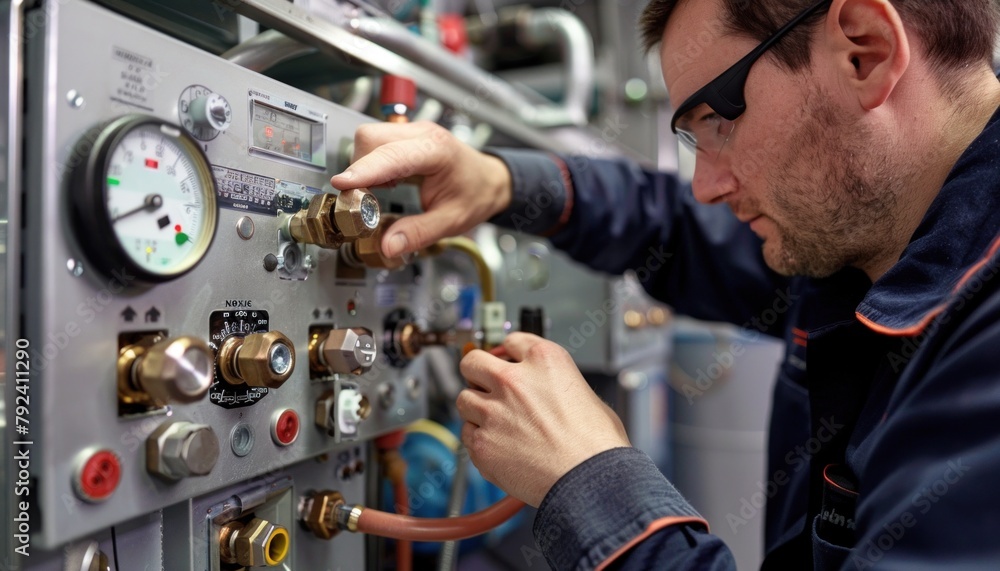 Aufkleber a man with a beard is working on an electronic engineering machine in a factory