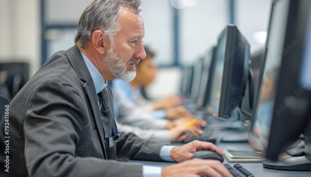 Poster a whitecollar worker in a suit is typing on a computer keyboard in an office