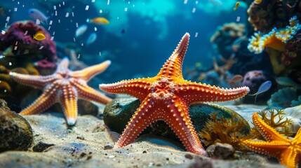 Fototapeta na wymiar Colorful starfish resting on a sandy ocean floor, a vibrant underwater scene