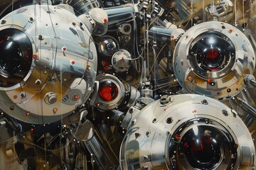 Fototapeta premium Transport viewers to a futuristic realm with an oil painting of surrealistic robots seen from above, showcasing unexpected camera angles that highlight intricate details and unique perspectives