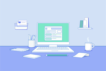 laptop flat vector illustration web page desk workspace minimalist concept
