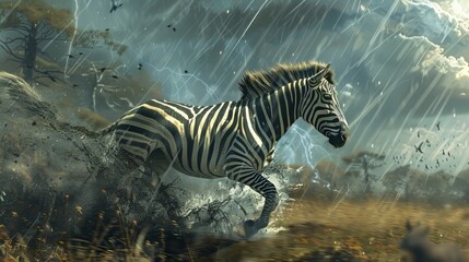 Fototapeta na wymiar Zebra Running From Storm