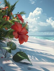 A serene depiction of a solitary hibiscus flower standing out vividly on the pristine white shore under the azure sky.
