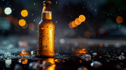 A bottle of beer is sitting on a wet surface. The bottle is half full and has condensation on the outside. Concept of relaxation and enjoyment, as the beer is a popular beverage for unwinding