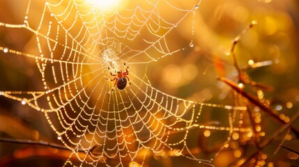 Dewdrops clinging to the delicate tendrils of a spider's web, catching the morning sun - obrazy, fototapety, plakaty