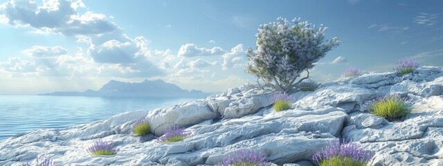 A lone sea lavender thrives on a 3D rocky outcrop, stoically facing the salt spray in its isolated spot near the sea.