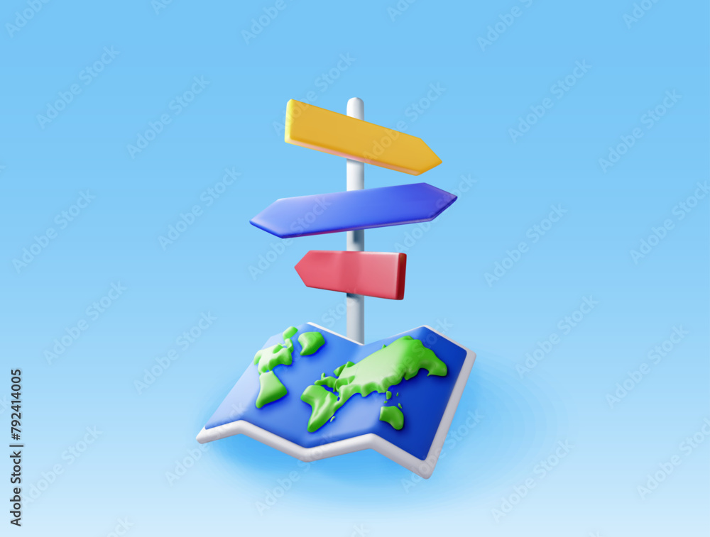 Poster 3d folded world map and signpost with directions isolated. render world map, signboard or guidepost.