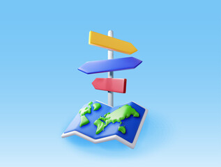 3D folded world map and signpost with directions isolated. Render world map, signboard or guidepost. Cartography and geography. Holiday and travel, GPS location navigation service. Vector Illustration
