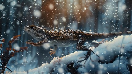 Lizard running in a snow