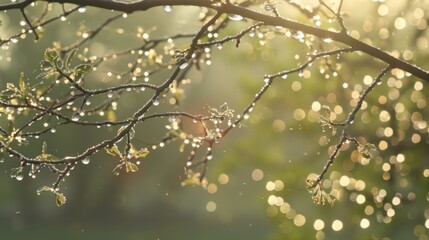 Fototapeta premium Dewdrops glistening like diamonds on the delicate branches of a tree