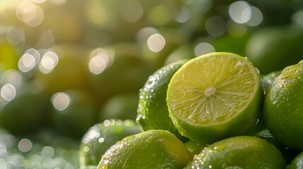 A pile of fresh limes, one of which has been cut to reveal its juicy interior. This photo gives off a fresh and wholesome feel. For Design, Background, Cover, Poster, Banner, PPT, KV design, Wallpaper - obrazy, fototapety, plakaty
